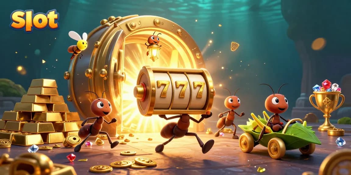 Menggandakan slot dengan karakter semut yang mengambil chip poker emas dalam ilustrasi 3D