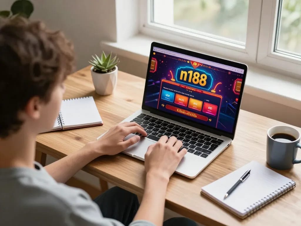 Player engaging with n188 online casino on a laptop, showcasing vibrant gaming interface and strategic notes.