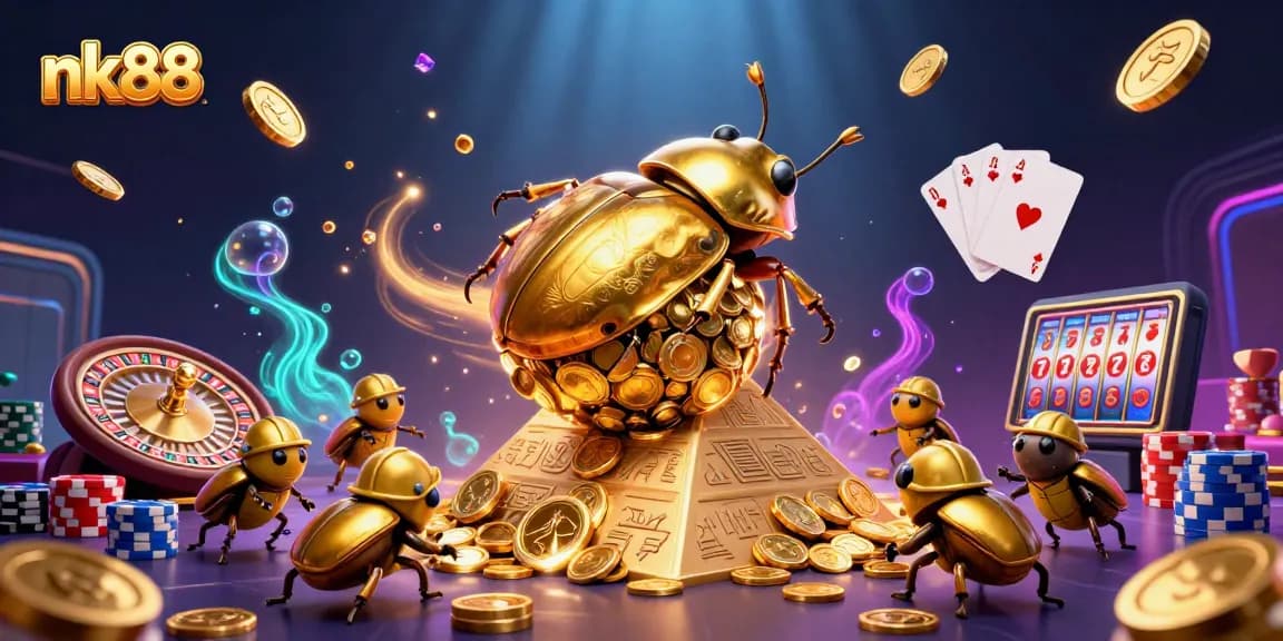 Spin and win with nk88's animated beetle theme showcasing golden coins and casino symbols.