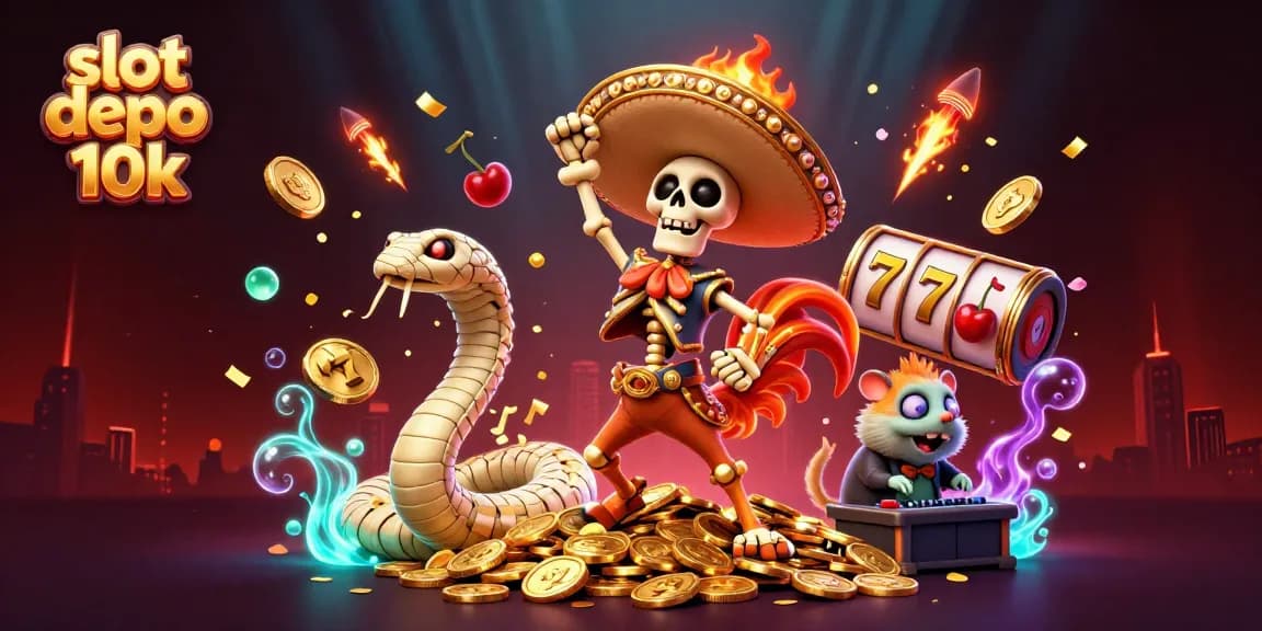 Experience excitement with slot depo 10k, featuring vibrant characters celebrating big wins on golden coins.