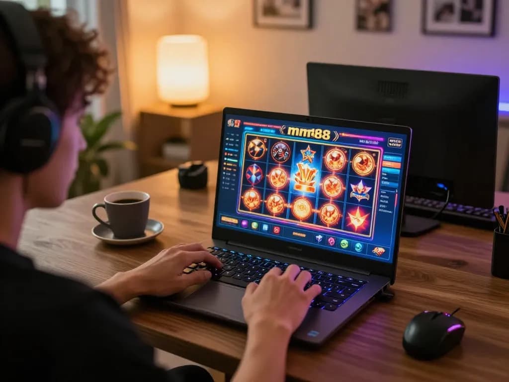 Person engaging in online gaming at mm88, focused on vibrant casino slots interface in cozy home environment