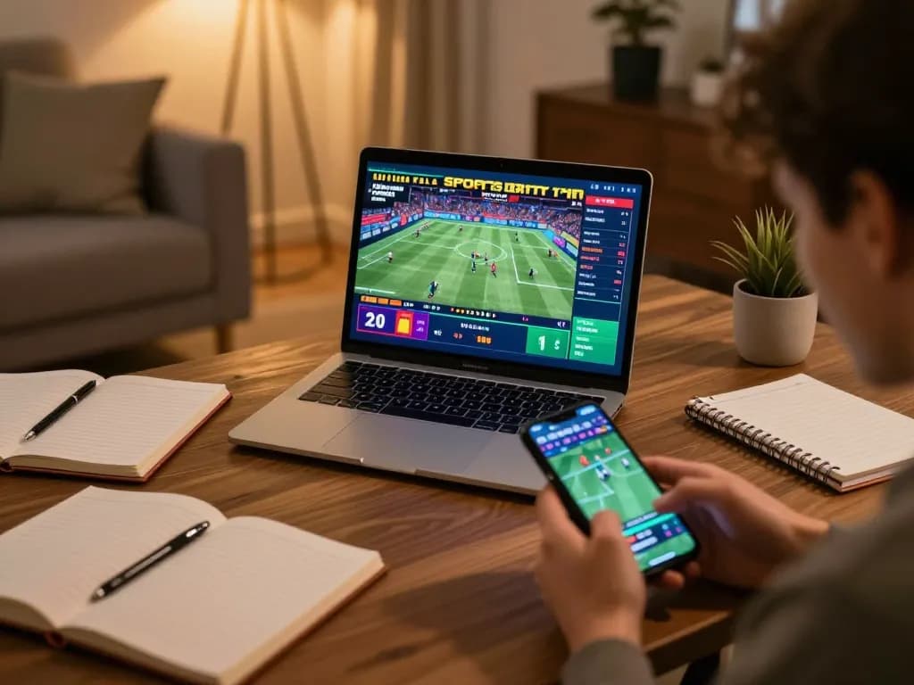 Engaging in online gambling at bong88 with live sports betting on a laptop and smartphone in a stylish home setting
