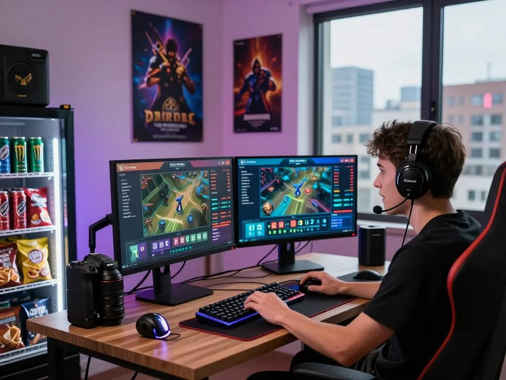 Enthusiastic gamer engaging in Dota 2 betting action at home, exploring https://gglbetsg.org/dota2-betting/ with live stats and odds.