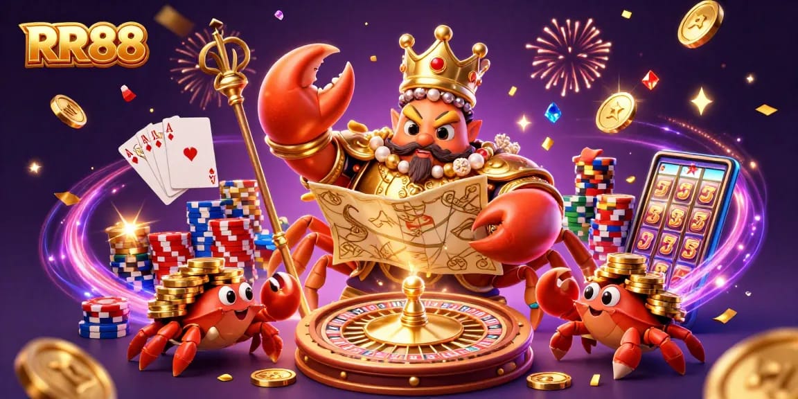 Engage with RR88's thrilling 3D casino scene featuring a golden crab emperor and vibrant gaming elements.