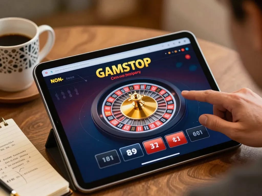 Playing at a non Gamstop online casino while checking strategy notes and enjoying coffee.