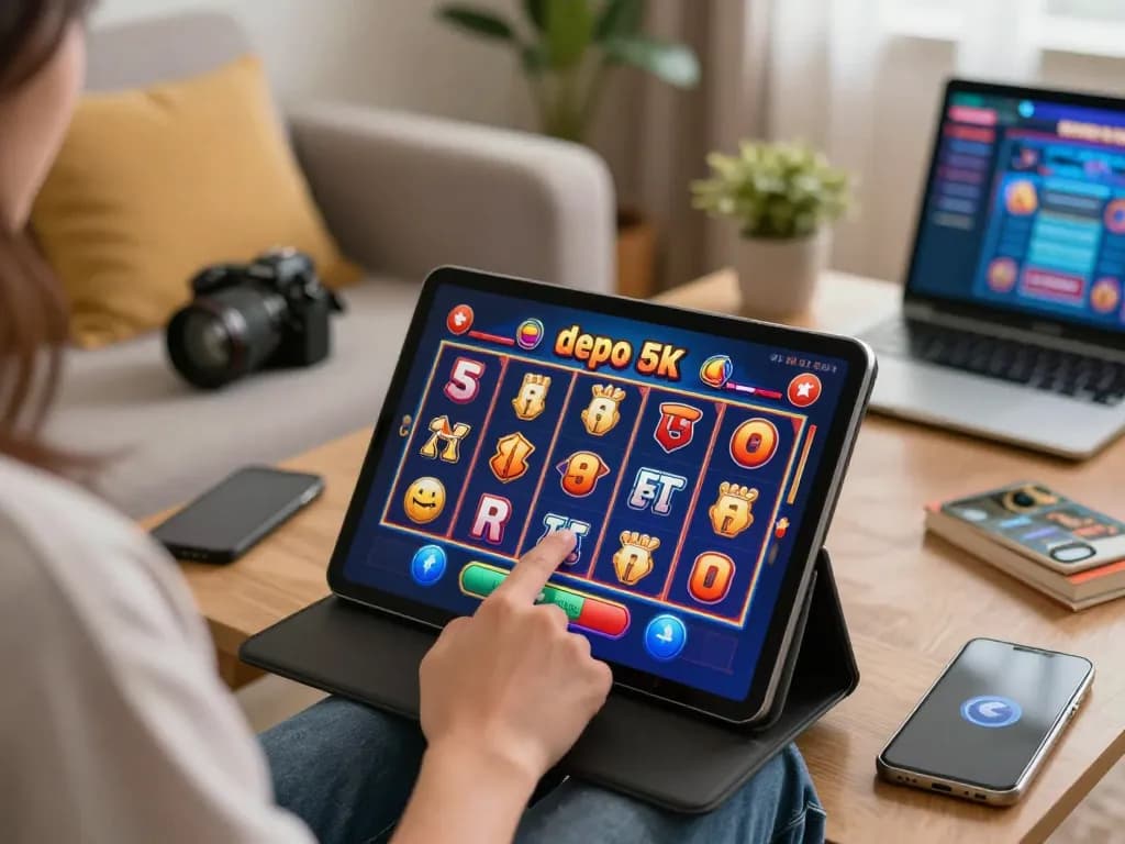 Engaging with slot depo 5k on a tablet, vibrant graphics and winning symbols in an inviting home setting