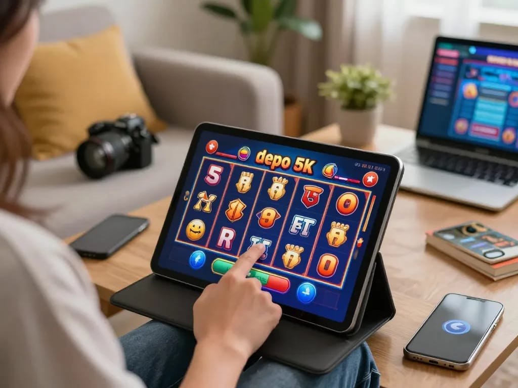 Engaging with slot depo 5k on a tablet, vibrant graphics and winning symbols in an inviting home setting