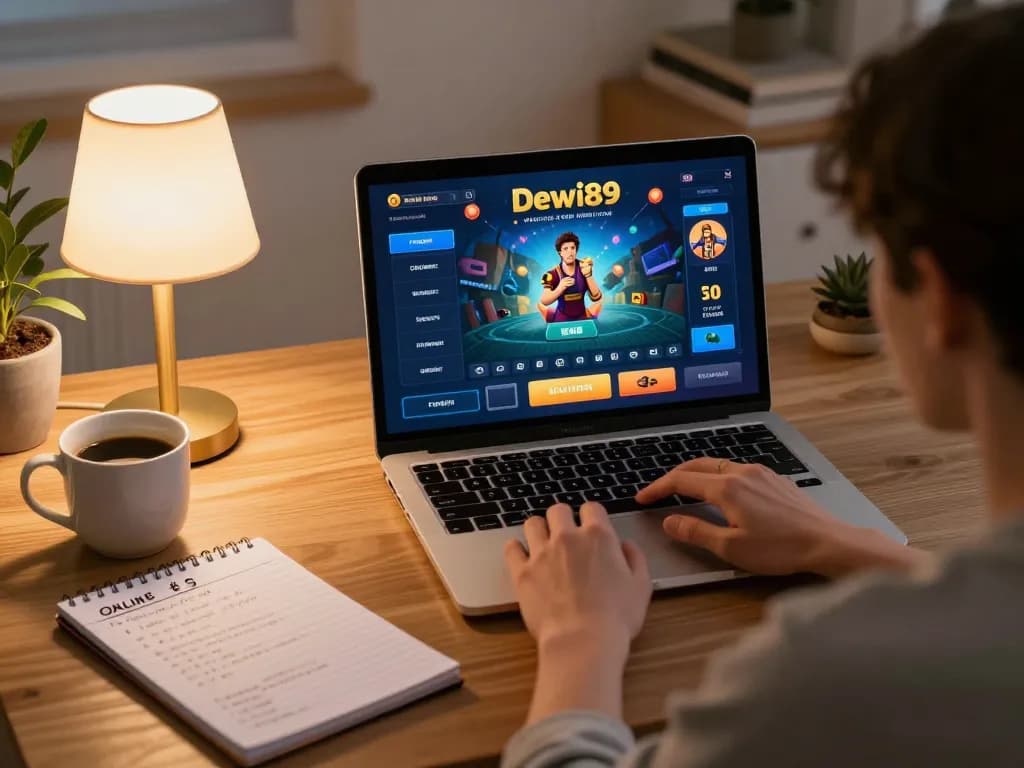 Pemain Dewi89 terlibat dalam permainan kasino online, menampilkan catatan strategi dan suasana yang nyaman.