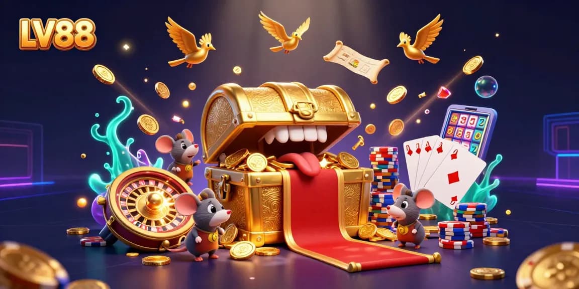 Engage in exciting LV88 gaming with golden treasures, coins, and dynamic casino elements.