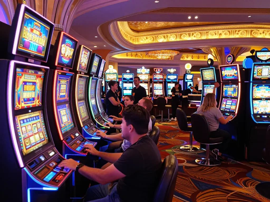 Pemain berinteraksi dengan mesin link slot yang cerah di suasana kasino Las Vegas yang ramai