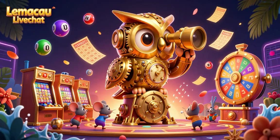 Lemacau Livechat showcases an animated casino scene blending vibrant lottery games and slot elements.