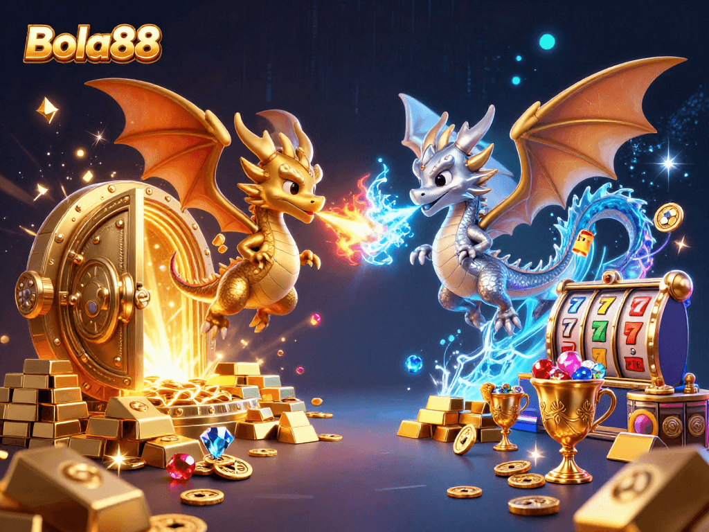 Bola88 membawa keberuntungan dalam permainan kasino dengan naga emas dan perak dalam aksi.