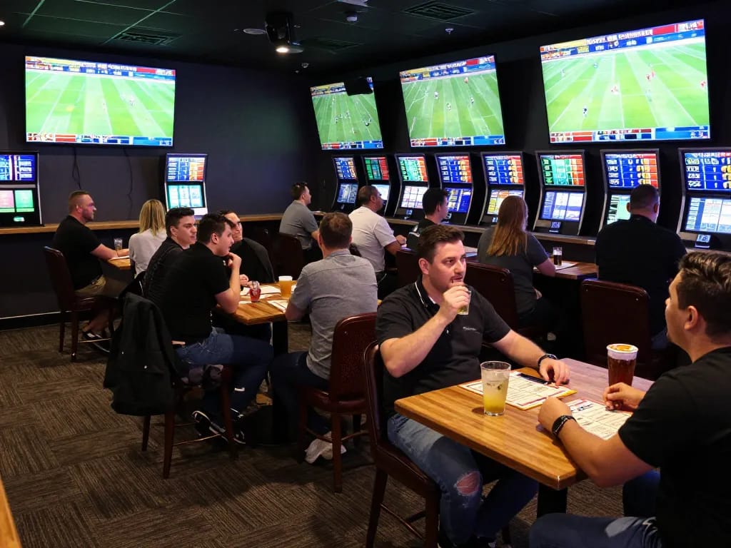 Engaged bettors analyzing tỷ lệ kèo bóng đá trực tuyến while watching live football matches on digital screens