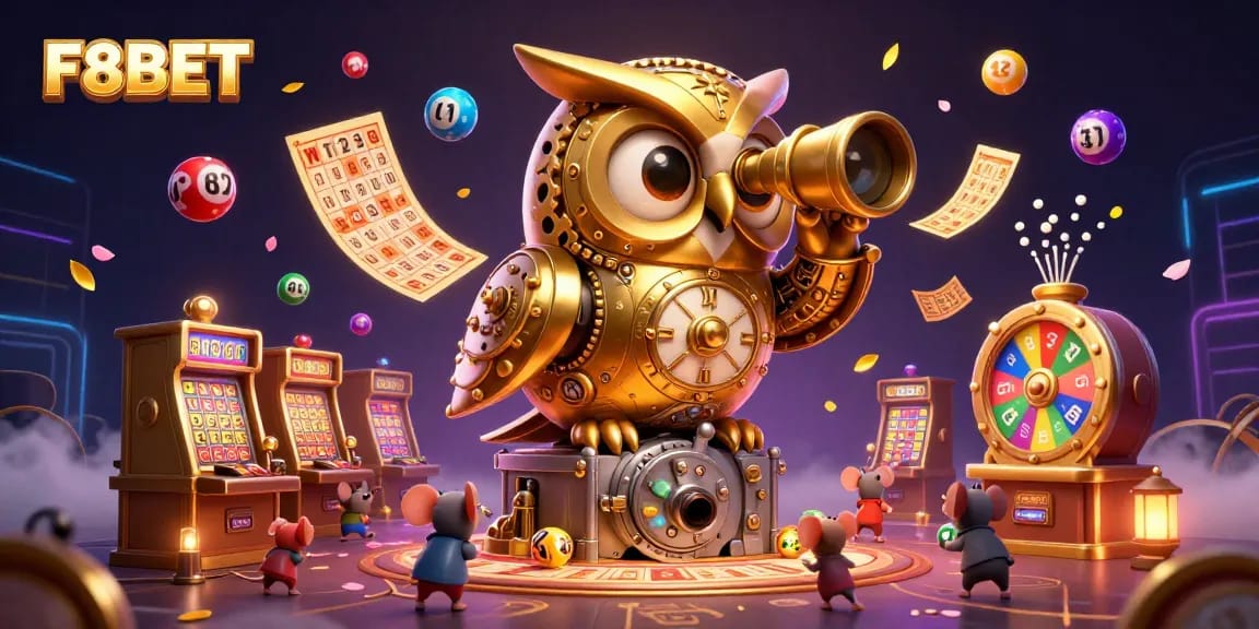 Experience the thrill of F8BET with vibrant slot machines and a whimsical golden owl scanning the casino floor.