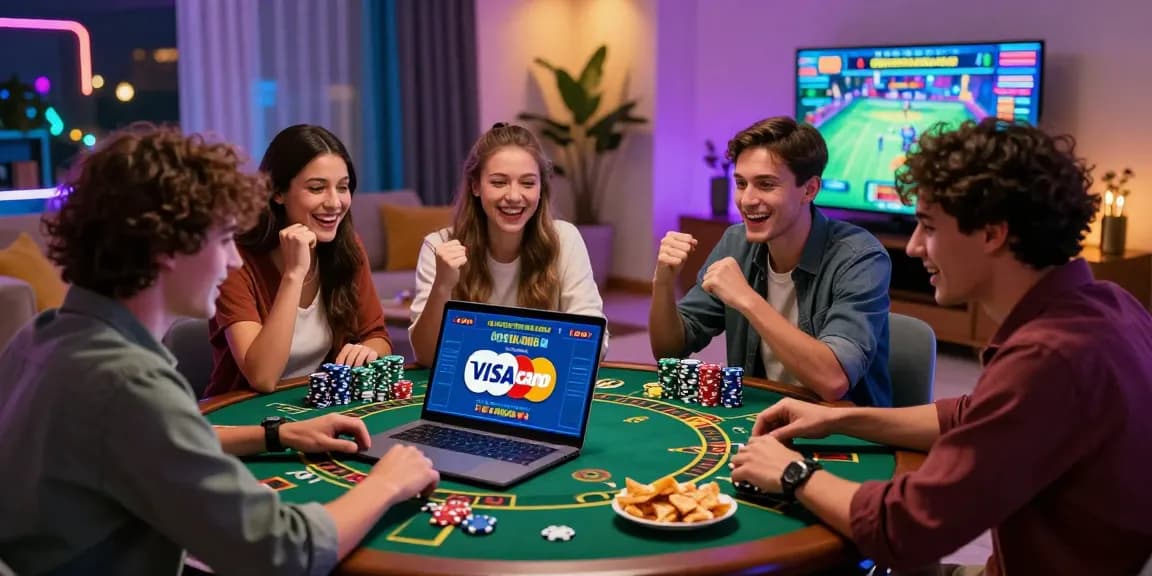 Engaged players at credit card casinos at scoarch.org.uk enjoying a vibrant online gaming experience in a lively living room setting.