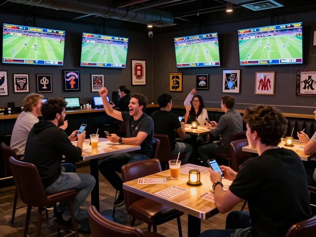 Excited sports fans engaging in betting at XX88 sports bar with live games backdrop