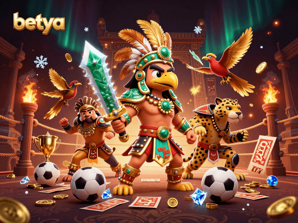 Betya sports betting scene with Aztec warriors, trophies, and betting slips.