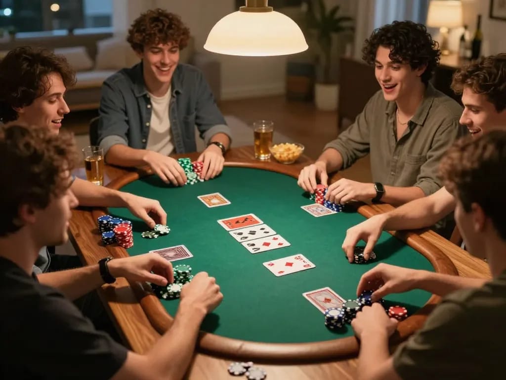 Engaging poker night with friends, featuring w4u login for players to access bonuses and rewards.