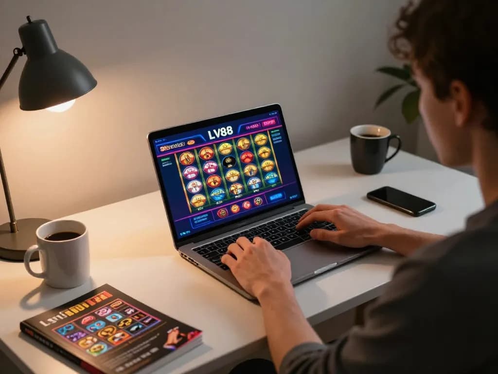 Player engaged in thrilling LV88 online casino gaming at a cozy home workspace, emphasizes responsible gaming.