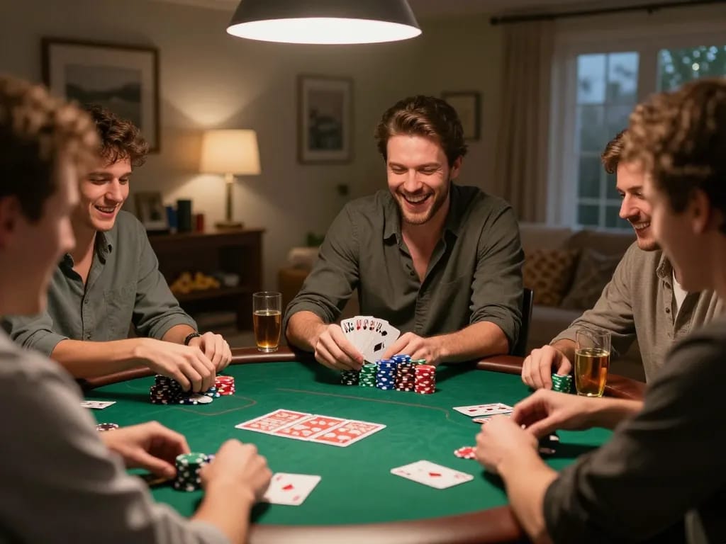 Engaging home poker game scene with players celebrating their luck88com wins, vibrant table atmosphere.