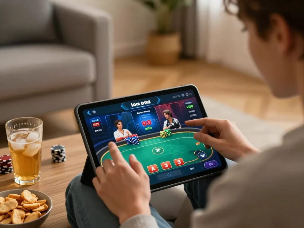Engaging in a poker game on tg88 platform while relaxing at home, promoting strategic gaming.