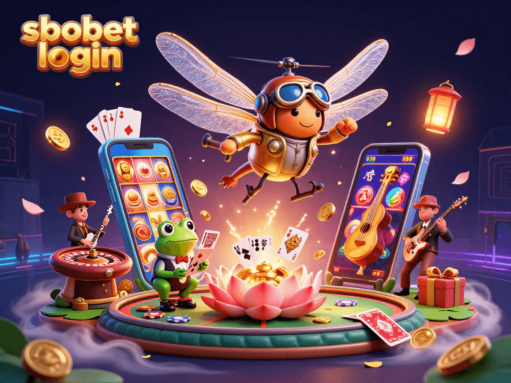 Experience sbobet login at an animated casino scene featuring a dragonfly pilot and frog croupier