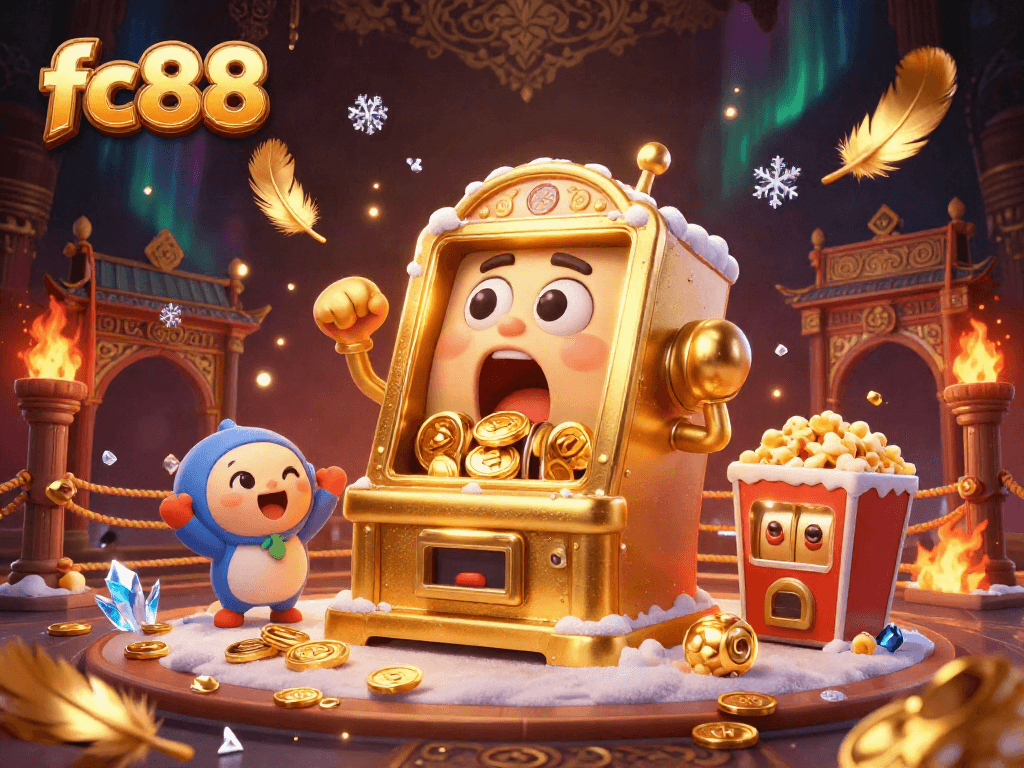Bắn jack pot từ máy slot fc88, với kim tiền và bàn bạc lấp lánh bay xung quanh.