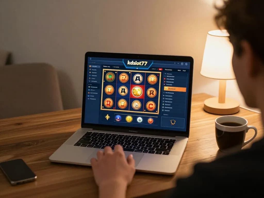 Player engaging with kdslot77 online slots, laptop screen displaying exciting gameplay.