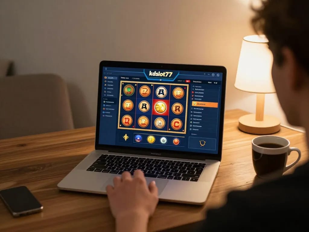 Player engaging with kdslot77 online slots, laptop screen displaying exciting gameplay.