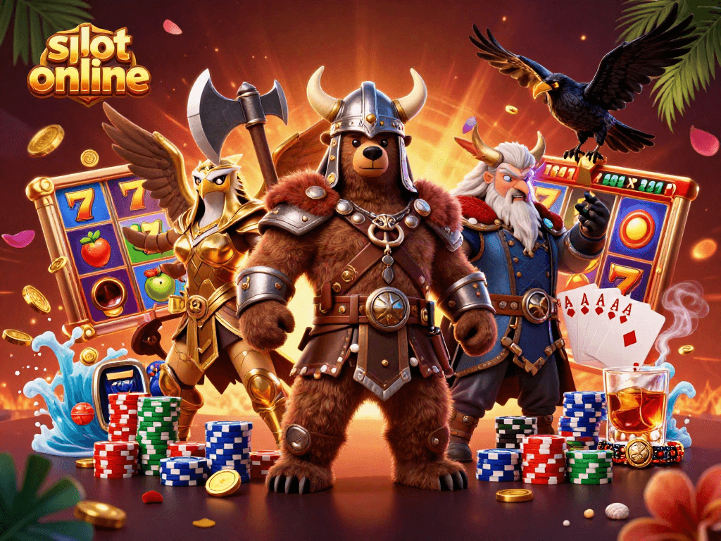 Menangkan slot online dengan karakter Viking beruang dan simbol buah bertema.
