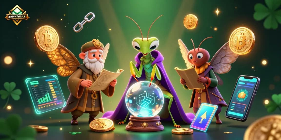 Experience the essence of Giấy phép hoạt động in this dynamic fortune teller and librarian scene, surrounded by glowing crypto elements.