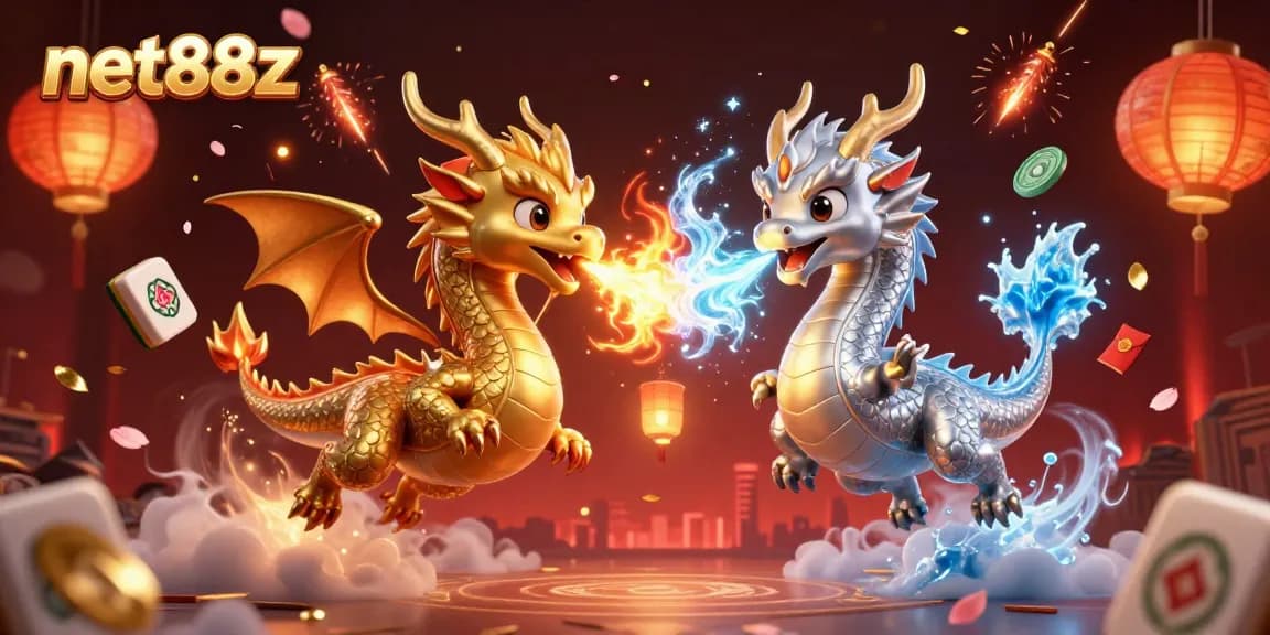 Engage in net88z with dynamic dragons in a vibrant casino-themed 3D illustration.