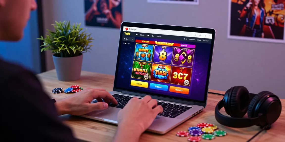 Engaged player exploring togel online platform with vibrant graphics and gaming tokens, showcasing an exciting online gambling experience.