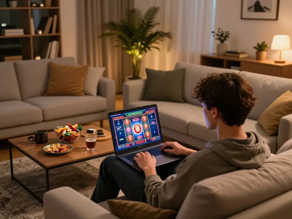 Engaging in Canada online casinos via laptop in cozy home setting during evening gaming session.