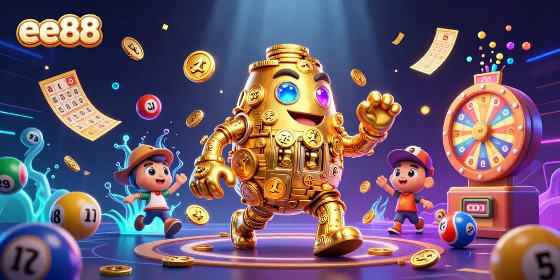 Experience thrilling wins with ee88 in a vibrant casino-themed 3D illustration showcasing golden golem and dynamic game elements.
