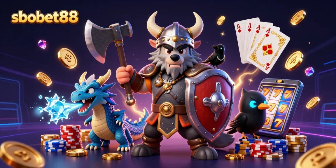 Engage with sbobet88’s thrilling slots experience featuring a Viking warrior, dragon, and glowing treasures.