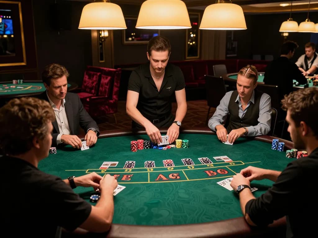 Players engage in a thrilling poker session at rikvip's live dealer game table, showcasing strategic gambling.