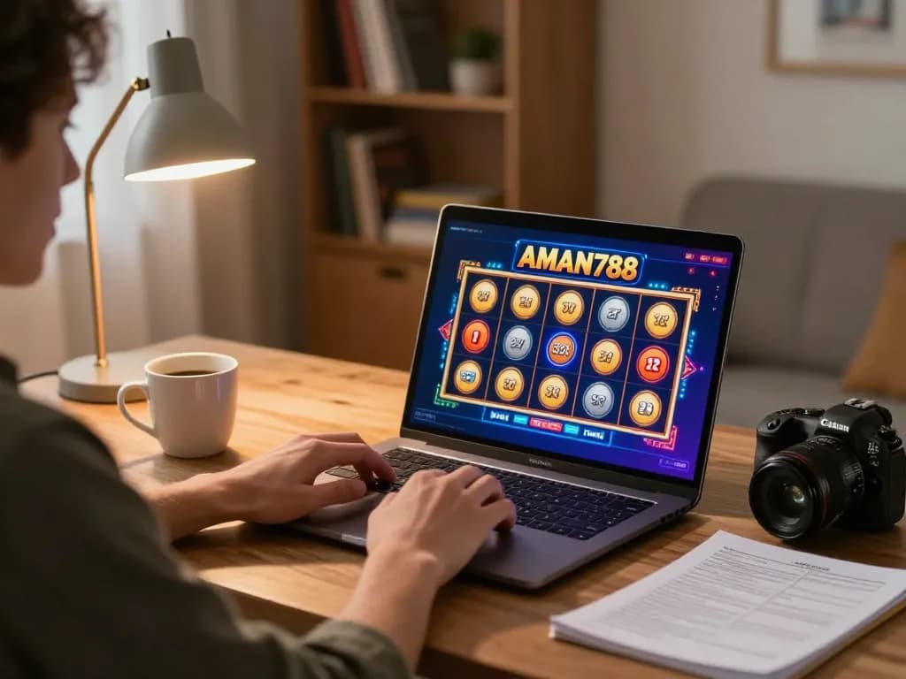 Suasana bermain kasino online yang menarik dengan permainan slot aman788 di laptop, menciptakan suasana yang nyaman.