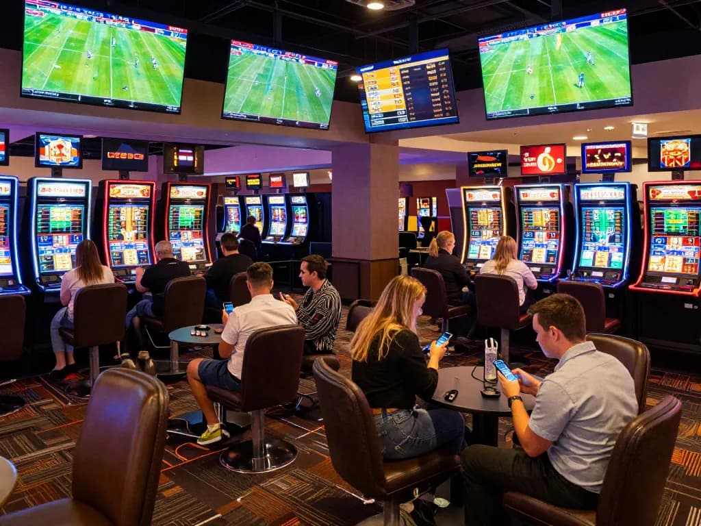 Excited patrons analyzing Tỷ Lệ Bóng Đá at a sports betting area in a modern casino