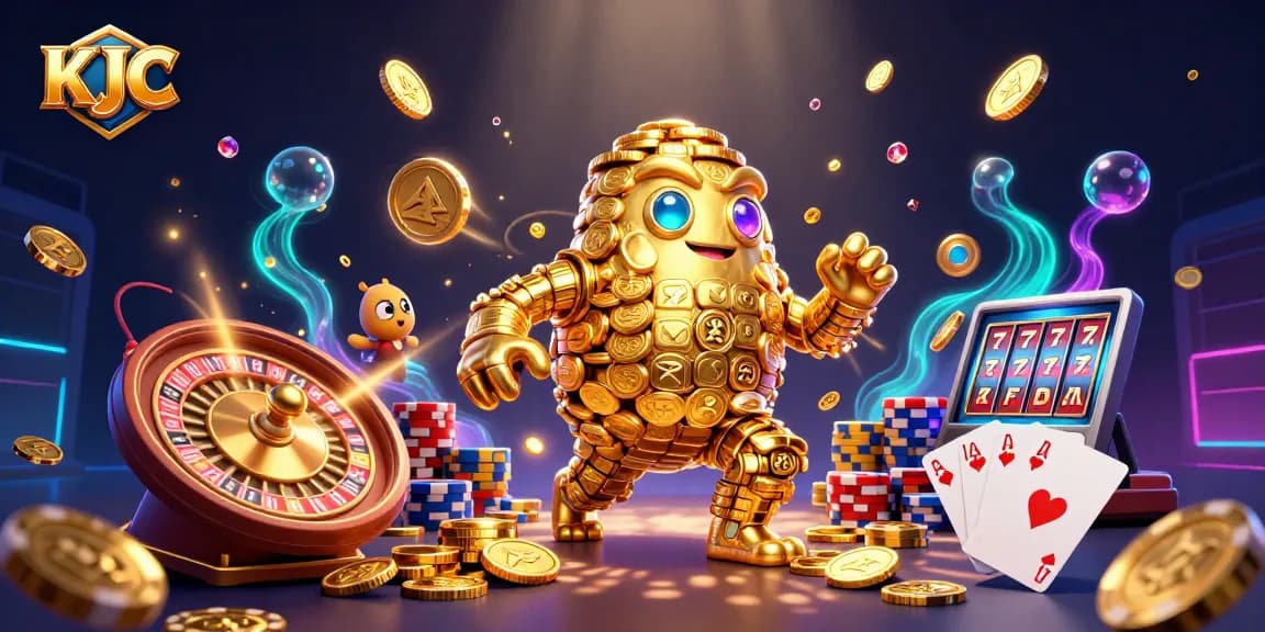 KJC showcases an energetic casino scene with a golden golem and dynamic gaming elements.