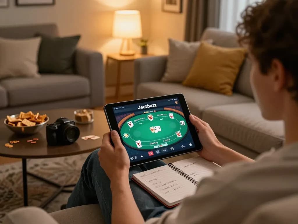 Person using Jeetbuzz app on a tablet for online poker at home.