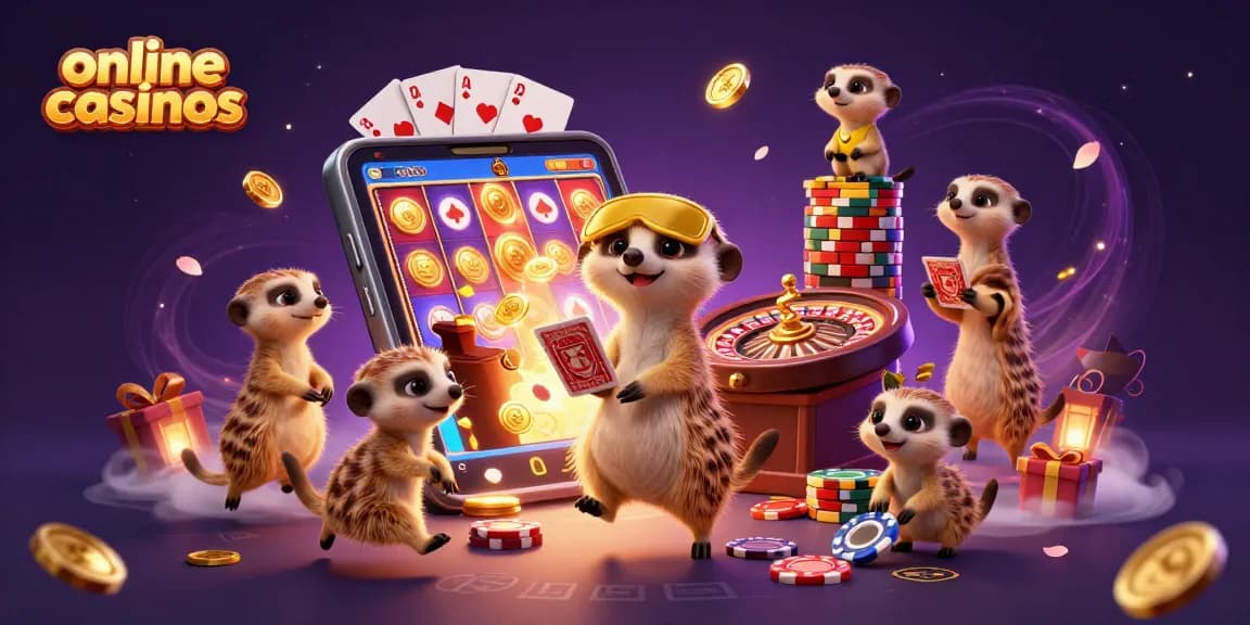 Experience online casinos as meerkats run a vibrant casino with games, golden coins, and excitement.