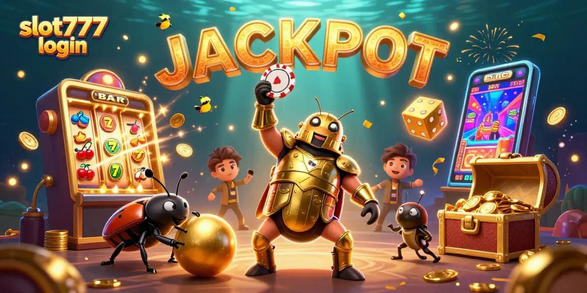 Experience big wins with slot777 login while surrounded by jubilant casino characters and game symbols.