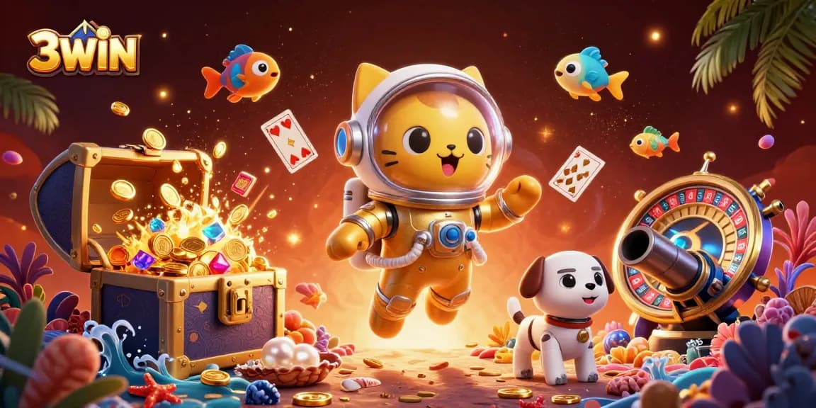 Experience 3WIN's vibrant casino adventure with floating playing cards and alien creatures in space.