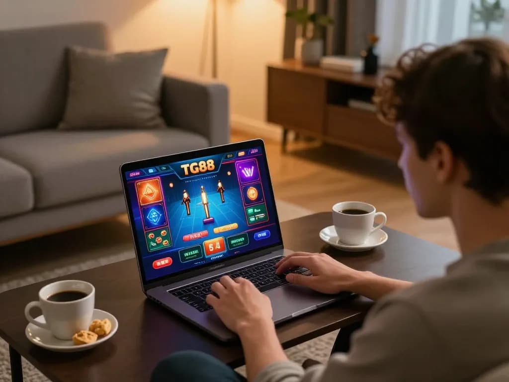 Engaging in gameplay with TG88 app on laptop in a cozy home environment, showcasing responsible online gambling.
