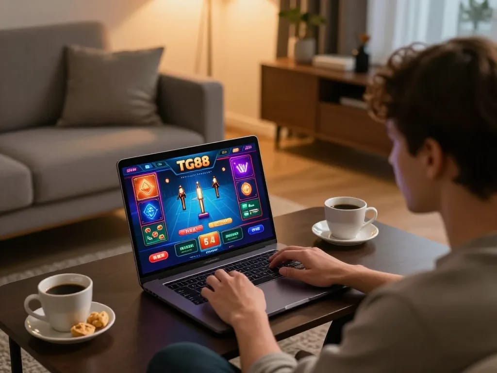 Engaging in gameplay with TG88 app on laptop in a cozy home environment, showcasing responsible online gambling.