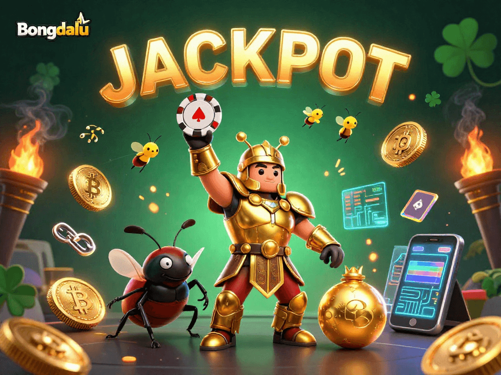 Bongdalu celebrates with a victorious beetle duo as fireflies spell JACKPOT, surrounded by vibrant casino elements.