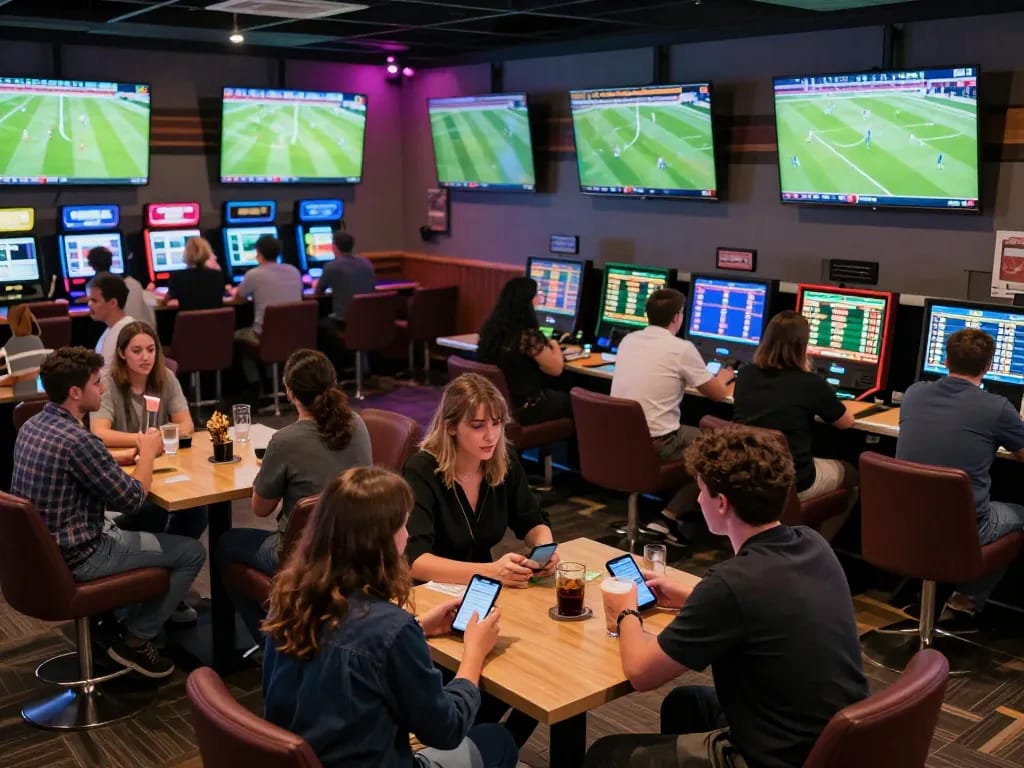Tỷ Lệ Bóng Đá displayed on dynamic digital boards in a bustling sports betting lounge with enthusiastic patrons.