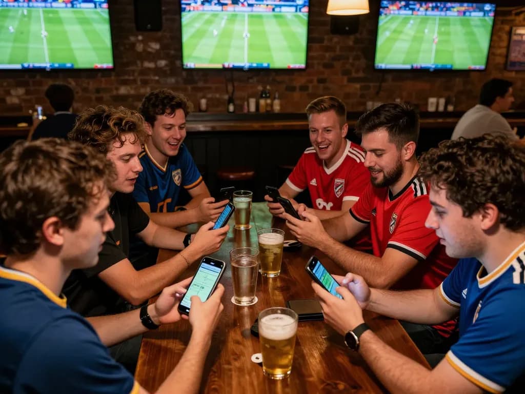 Fans using VN23 app for sports betting while watching live games, celebrating dynamic experiences.
