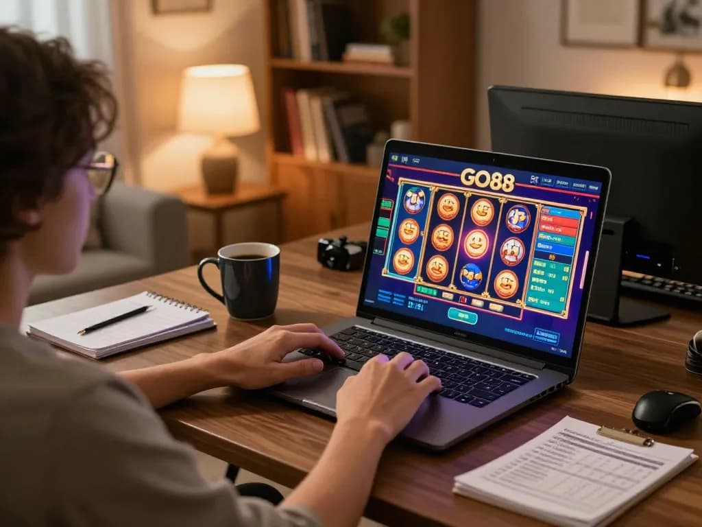 Player enjoying GO88 online casino while managing bankroll in a cozy home setting